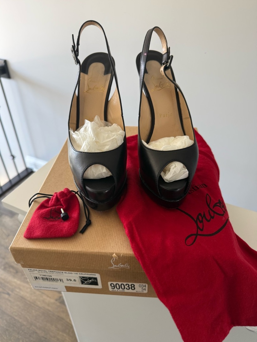 Christian Louboutin Black Leather Peep-Toe Slingback Heels